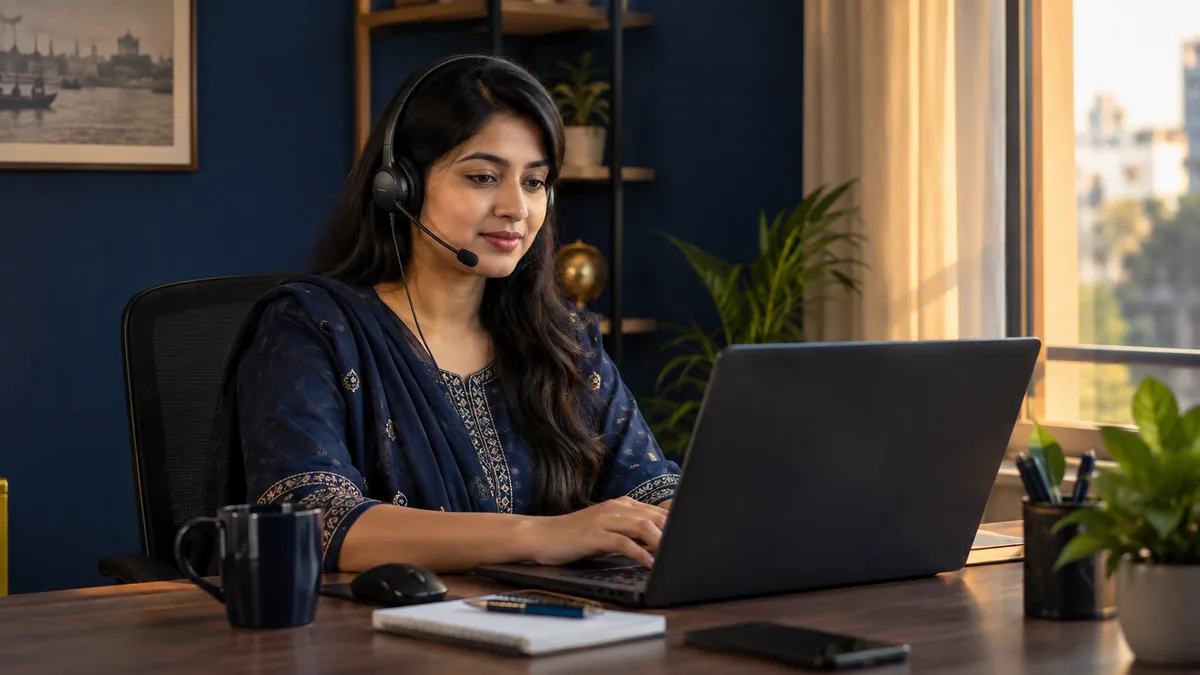 Illustration of a headset-wearing support representative handling enquiries on a laptop